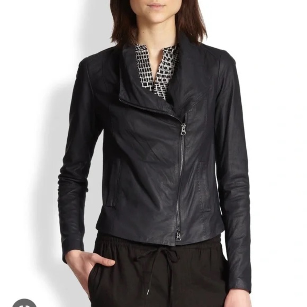 Vince Black Leather Asymmetrical Zip Jacket